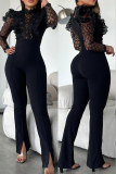 Black Sequin Mesh Lace Half A Turtleneck Ruffled Trim Long Sleeve Formal Evening Party Prom Bodycon Jumpsuits