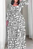 Multicolor Geometry Graffiti Print O Neck Long Sleeve Floor Length Casual Outing Vacation Baggy Maxi Dress