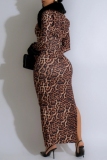 Leopard Print Fuzzy Trim Long Sleeve Shrug and Side Slit Bodycon Slip Maxi Dresses Formal Evening Party Two Piece Dress Set