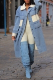 Off White with Denim Patchwork Turndown Collar Long Sleeve Front Button-Down Fall Winter Longline Denim Jacket