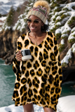 Pink Casual Leopard Print V Neck Long Sleeve Fall Winter Oversize Sweater Tops