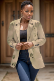 Light Khaki Formal Office Casual Floral Print Buttons Turn-back Collar Long Sleeve Blazer Jackets