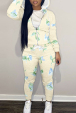 Light Yellow Casual Floral Print Zipper Hooded Long Sleeve Jackets And Sweatpants Sportwear Two Pieces Jogger Sets