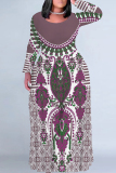 Black White Casual Boho Floral Print Crewneck Long Sleeve Floor Length Vacation Baggy Maxi Dress