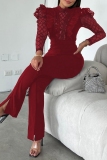 Black Sequin Mesh Lace Half A Turtleneck Ruffled Trim Long Sleeve Formal Evening Party Prom Bodycon Jumpsuits