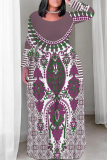 Black White Casual Boho Floral Print Crewneck Long Sleeve Floor Length Vacation Baggy Maxi Dress