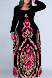 Black White Casual Boho Floral Print Crewneck Long Sleeve Floor Length Vacation Baggy Maxi Dress