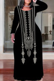 Black White Casual Boho Floral Print Crewneck Long Sleeve Floor Length Vacation Baggy Maxi Dress