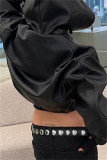 Black Casual Zipper Long Sleeve PU Leather Hooded Crop Jackets