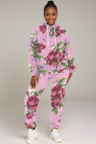 Pink Floral Print Long Sleeve Hooded Sweatshirt And Drawstring Pants Sportwear Casual Two Pieces Sweatpant Set