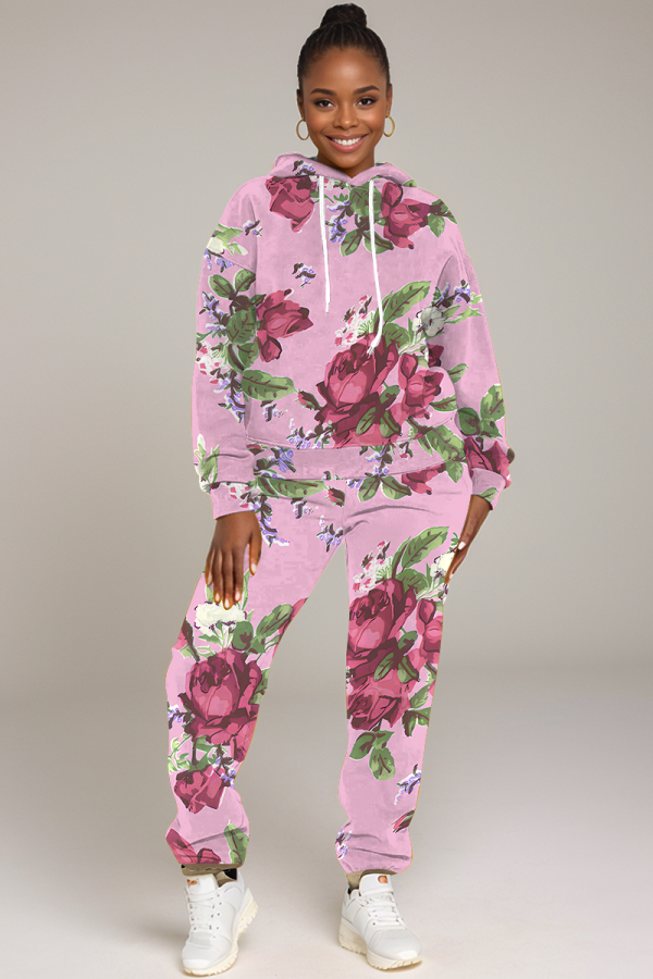 Pink Floral Print Long Sleeve Hooded Sweatshirt And Drawstring Pants Sportwear Casual Two Pieces Sweatpant Set
