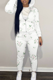 Light Yellow Casual Floral Print Zipper Hooded Long Sleeve Jackets And Sweatpants Sportwear Two Pieces Jogger Sets