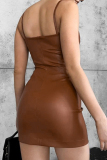 Brown Sleeveless Backless Spaghetti Strap PU Leather Bodycon Mini Slip Dresses