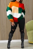 Multicolor Colorblock Print Casual Outing Patchwork Turtleneck Long Sleeve Fall Winter Knitted Sweater