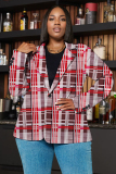 Brown Formal Office Casual Plaid Print Buttons Turn-back Collar Long Sleeve Plus Size Blazer Jackets