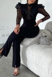 Black Sequin Mesh Lace Half A Turtleneck Ruffled Trim Long Sleeve Formal Evening Party Prom Bodycon Jumpsuits