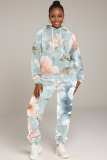 Pink Floral Print Long Sleeve Hooded Sweatshirt And Drawstring Pants Sportwear Casual Two Pieces Sweatpant Set