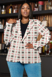 Brown Formal Office Casual Plaid Print Buttons Turn-back Collar Long Sleeve Plus Size Blazer Jackets