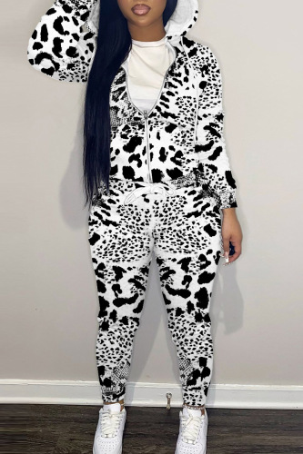 White Black Casual Graphics Print Zipper Hooded Long Sleeve Jackets And Sweatpants Sportwear Two Pieces Jogger Sets