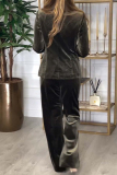 Olive Green Formal Office Casual Buttons Turndown Collar Long Sleeve Velvet Blazer Jackets And Wide Leg Pants Two Pieces Trouser Sets
