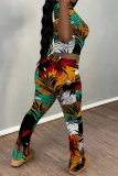 White Blue Casual Floral Print O Neck Short Sleeve Crop T-shirt And Skinny Pants Sportwear Two Pieces Jogger Sets