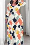 Multicolor Geometry Graffiti Print O Neck Long Sleeve Floor Length Casual Outing Vacation Baggy Maxi Dress