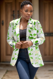 Light Khaki Formal Office Casual Floral Print Buttons Turn-back Collar Long Sleeve Blazer Jackets