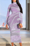 Pink Gradient Print Mock Neck Long Sleeve Casual Outing Party Club Vacation Bodycon Maxi Dresses
