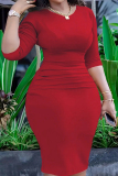 Red Formal Office Casual Zipper O Neck Half Sleeve Wrapped Skirt Plus Size Bodycon Midi Dresses