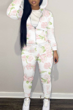 Light Yellow Casual Floral Print Zipper Hooded Long Sleeve Jackets And Sweatpants Sportwear Two Pieces Jogger Sets