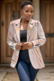 Dark Brown Graphcis Print Turn-back Collar Button-Down Long Sleeve Formal Office Casual Blazer Jackets Plus Size Cardigan Overcoat