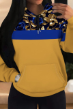 Black Casual Print Draw String Pocket Patchwork Long Sleeve Fall Winter Hooded Sweatshirt