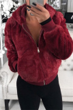 Claret Casual Zipper Long Sleeve Fall Winter Mink Fox Fur Hooded Coat