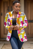 Rose Red Formal Office Casual Graphics Print Buttons Turn-back Collar Long Sleeve Blazer Jackets
