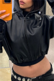 Black Casual Zipper Long Sleeve PU Leather Hooded Crop Jackets