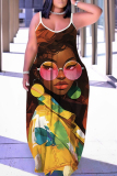 Yellow African Girl Print Sleeveless Backless Spaghetti Strap Floor Length Vacation Baggy Sundress Slip Maxi Dress