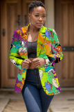 Multicolor Formal Office Casual Cartoon Print Buttons Turn-back Collar Long Sleeve Blazer Jackets