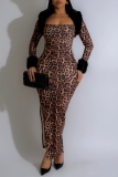 Leopard Print Fuzzy Trim Long Sleeve Shrug and Side Slit Bodycon Slip Maxi Dresses Formal Evening Party Two Piece Dress Set