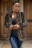 Dark Brown Graphcis Print Turn-back Collar Button-Down Long Sleeve Formal Office Casual Blazer Jackets Plus Size Cardigan Overcoat