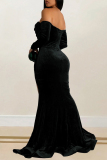 Black Off Shoulder Long Sleeve High Slit Mermaid Hem Formal Evening Party Prom Bodycon Maxi Velvet Dresses