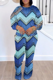 Dark Blue Crewneck Long Sleeve Graphcis Sweatshirt And Wide Leg Pants Sportwear Casual Two Pieces Sweatpant Set
