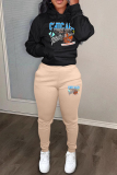 Khaki Sportwear Casual Graphics Print Hooded Long Sleeve Sweatshirt and Pencil Sweatpants Fall Winter Two Pieces Sweatsuits Sets