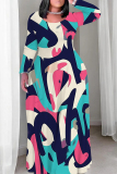 Multicolor Geometry Graffiti Print O Neck Long Sleeve Floor Length Casual Outing Vacation Baggy Maxi Dress