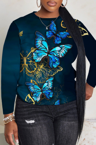 White Green Casual Outing Butterfly Floral Print O Neck Long Sleeve Fall Winter Sweatshirt