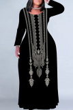 Black White Casual Boho Floral Print Crewneck Long Sleeve Floor Length Vacation Baggy Maxi Dress
