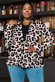Light Brown Formal Office Casual Leopard Print Buttons Turn-back Collar Long Sleeve Plus Size Blazer Jackets