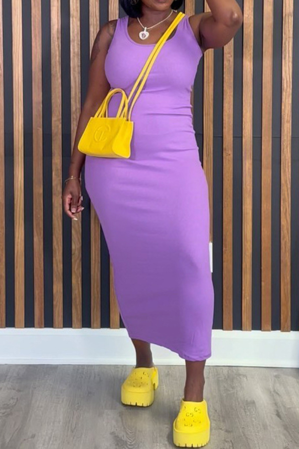 Purple Casual Outing U Neck Ankle Length Long Plus Size Bodycon Maxi Tank Dresses