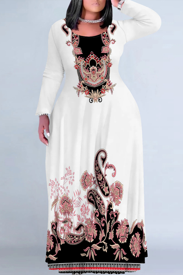 Black White Casual Boho Floral Print Crewneck Long Sleeve Floor Length Vacation Baggy Maxi Dress