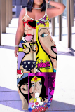 Red Black African Girl Print Sleeveless Backless Spaghetti Strap Floor Length Vacation Baggy Sundress Slip Maxi Dress