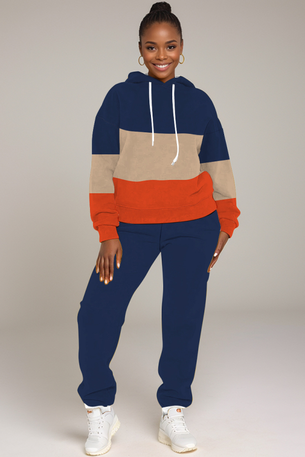 Navy Blue Ombre Print Long Sleeve Hooded Sweatshirt And Drawstring Pants Sportwear Casual Two Pieces Sweatpant Set